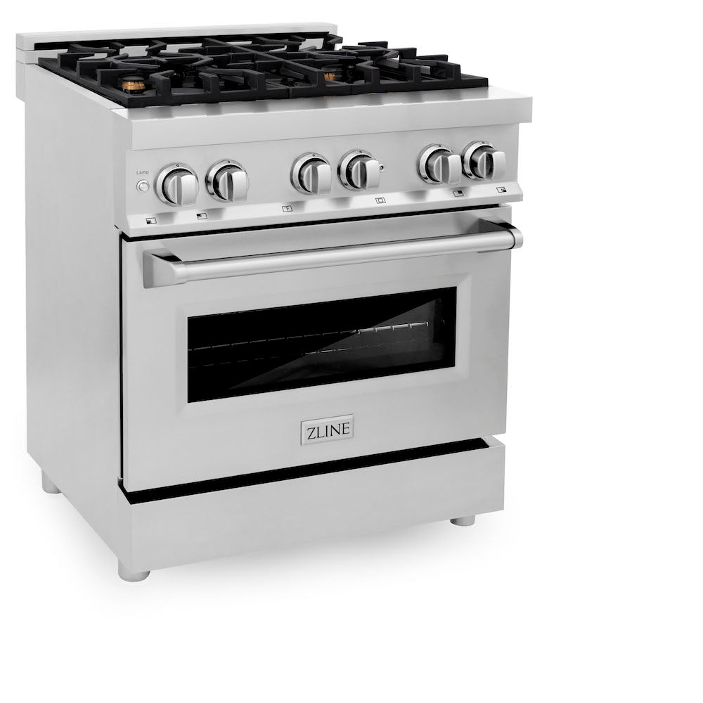 ZLINE 30 in. 4.0 cu. ft. Legacy Dual Fuel Range with Gas Cooktop and Electric Convection Oven in Stainless Steel with 4 Brass Burners (RA-BR-30) side, oven closed.