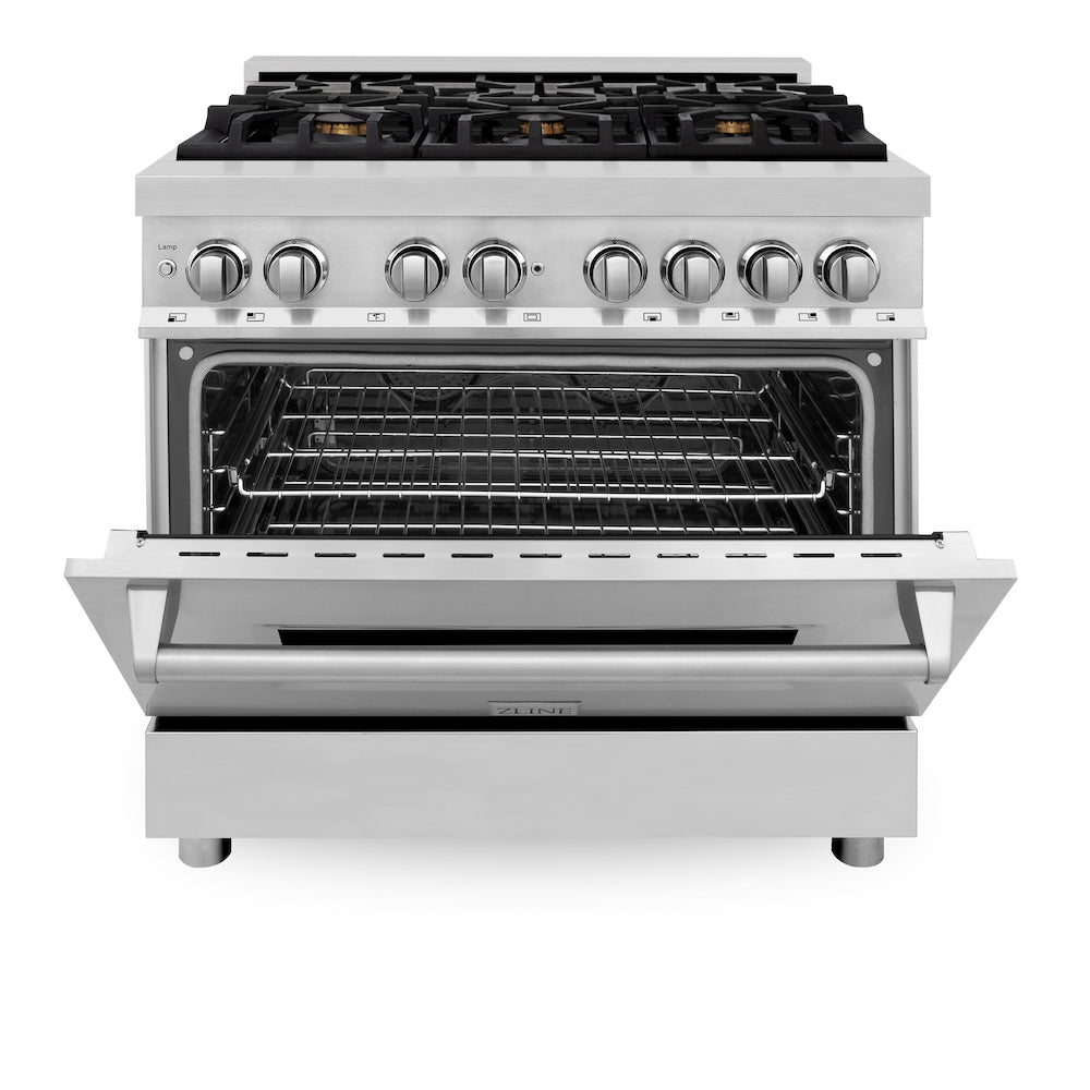 ZLINE 36 in. Dual Fuel Range with Gas Stove and Electric Oven in Stainless Steel with Brass Burners (RA-BR-36) front, oven half open.