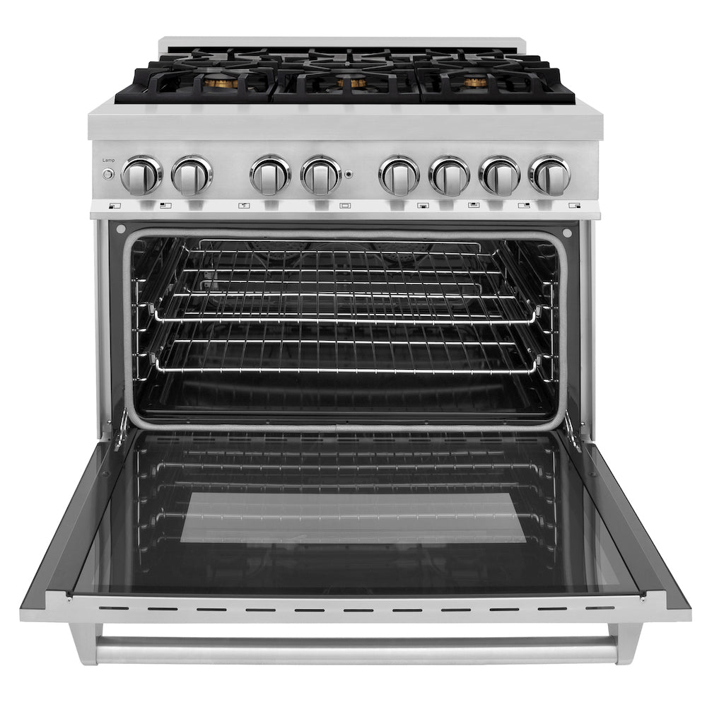 ZLINE 36 in. Dual Fuel Range with Gas Stove and Electric Oven in Stainless Steel with Brass Burners (RA-BR-36) front, oven open.