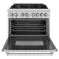 ZLINE 36 in. 4.6 cu. ft. Legacy Dual Fuel Range with Gas Cooktop and Electric Convection Oven in Stainless Steel with 6 Brass Burners (RA-BR-36) front, oven open.