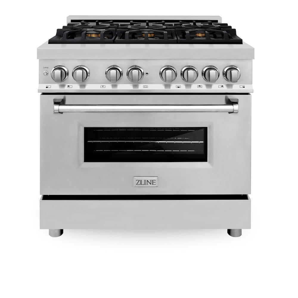 ZLINE 36 in. Dual Fuel Range with Gas Stove and Electric Oven in Stainless Steel with Brass Burners (RA-BR-36) front, oven closed.
