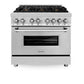 ZLINE 36 in. 4.6 cu. ft. Legacy Dual Fuel Range with Gas Cooktop and Electric Convection Oven in Stainless Steel with 6 Brass Burners (RA-BR-36) front, oven closed.