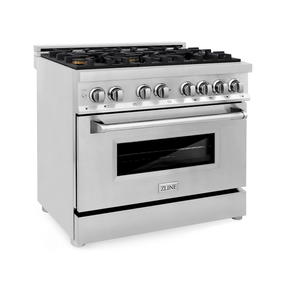 ZLINE 36 in. 4.6 cu. ft. Legacy Dual Fuel Range with Gas Cooktop and Electric Convection Oven in Stainless Steel with 6 Brass Burners (RA-BR-36) main image.