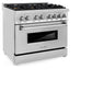 ZLINE 36 in. 4.6 cu. ft. Legacy Dual Fuel Range with Gas Cooktop and Electric Convection Oven in Stainless Steel with 6 Brass Burners (RA-BR-36) side, oven closed.