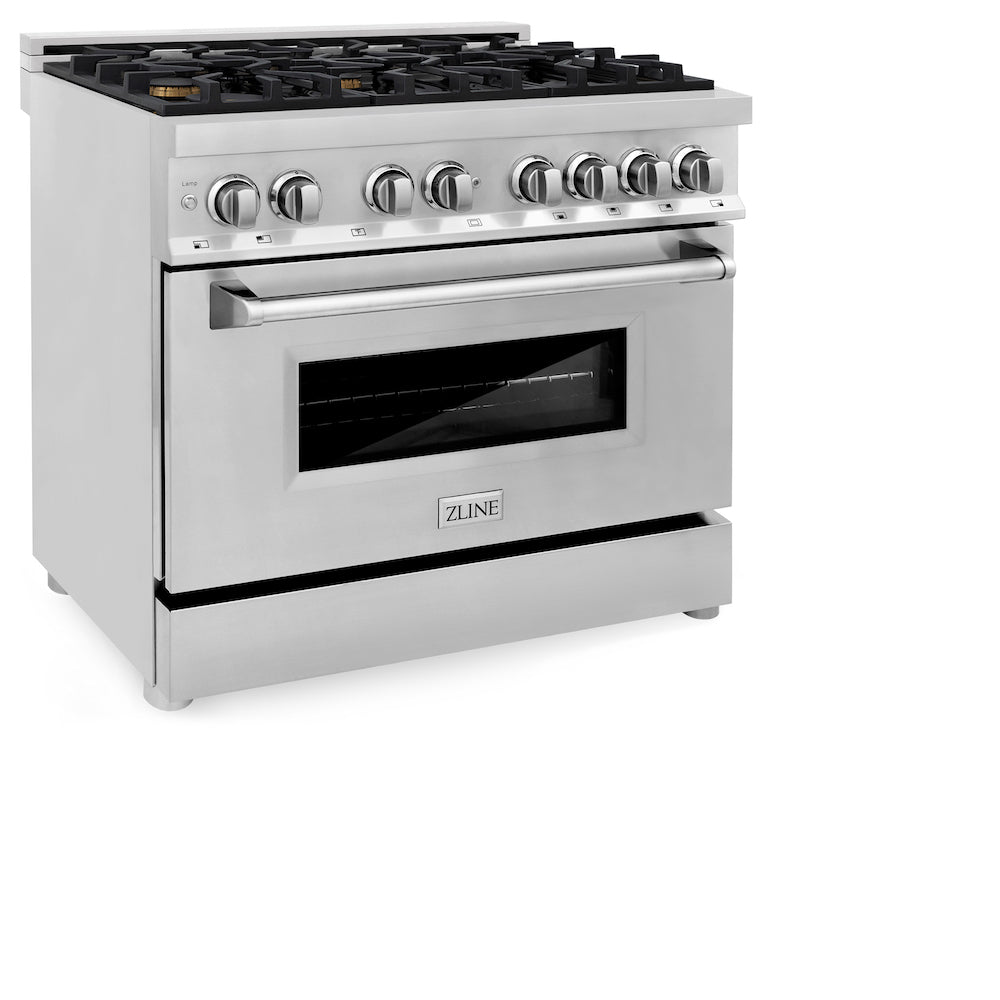 ZLINE 36 in. 4.6 cu. ft. Legacy Dual Fuel Range with Gas Cooktop and Electric Convection Oven in Stainless Steel with 6 Brass Burners (RA-BR-36) side, oven closed.