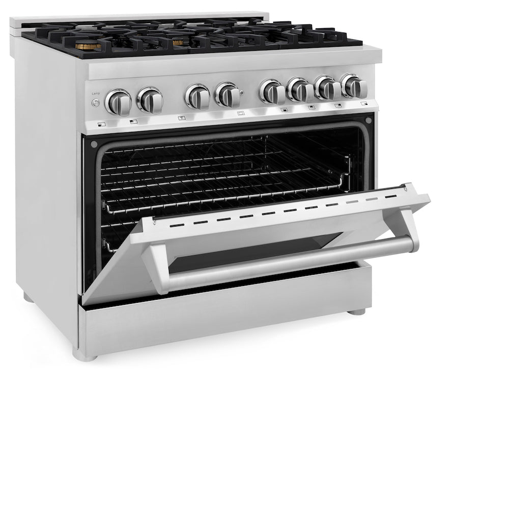 ZLINE 36 in. Dual Fuel Range with Gas Stove and Electric Oven in Stainless Steel with Brass Burners (RA-BR-36) side, oven half open.