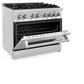 ZLINE 36 in. 4.6 cu. ft. Legacy Dual Fuel Range with Gas Cooktop and Electric Convection Oven in Stainless Steel with 6 Brass Burners (RA-BR-36) side, oven half open.