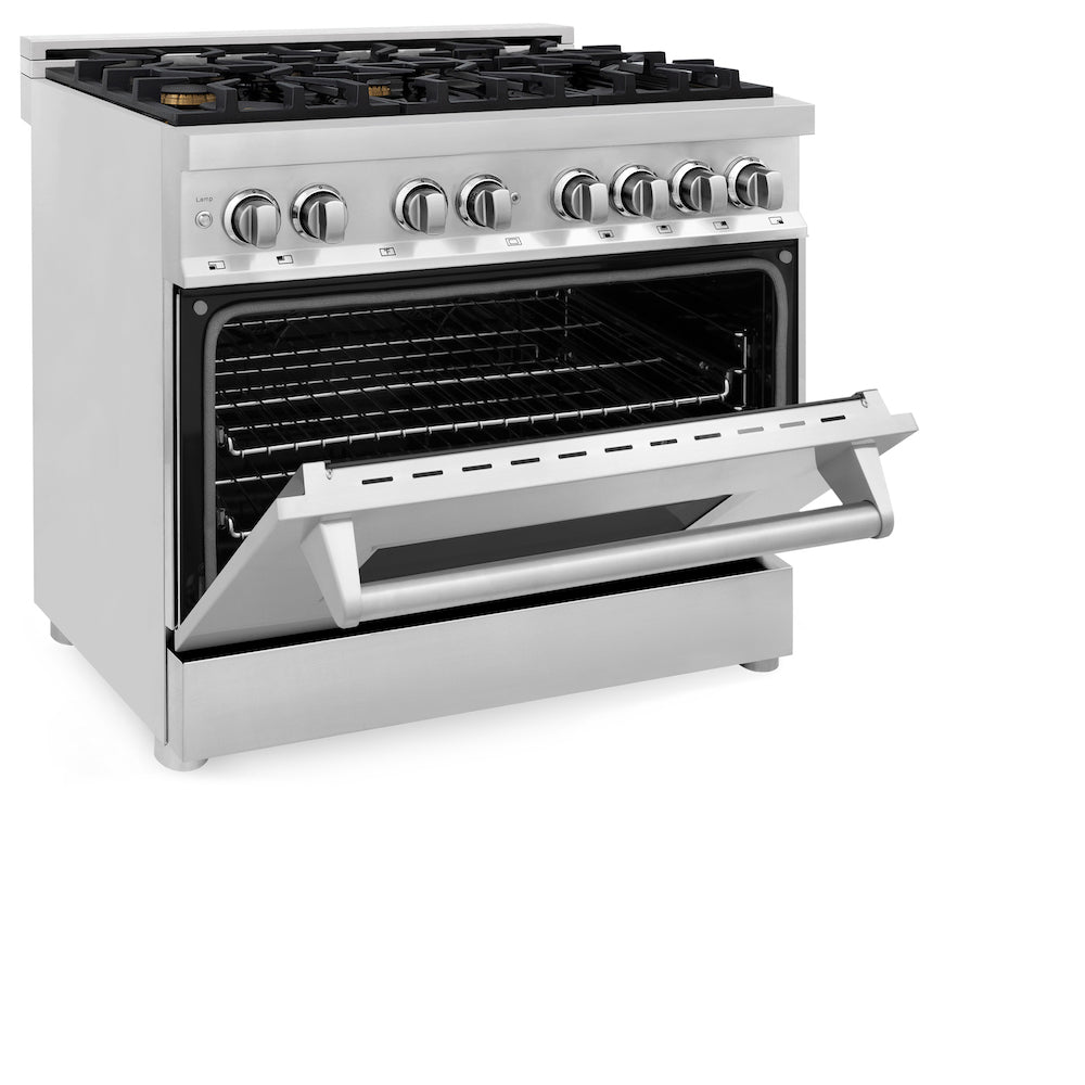 ZLINE 36 in. 4.6 cu. ft. Legacy Dual Fuel Range with Gas Cooktop and Electric Convection Oven in Stainless Steel with 6 Brass Burners (RA-BR-36) side, oven half open.