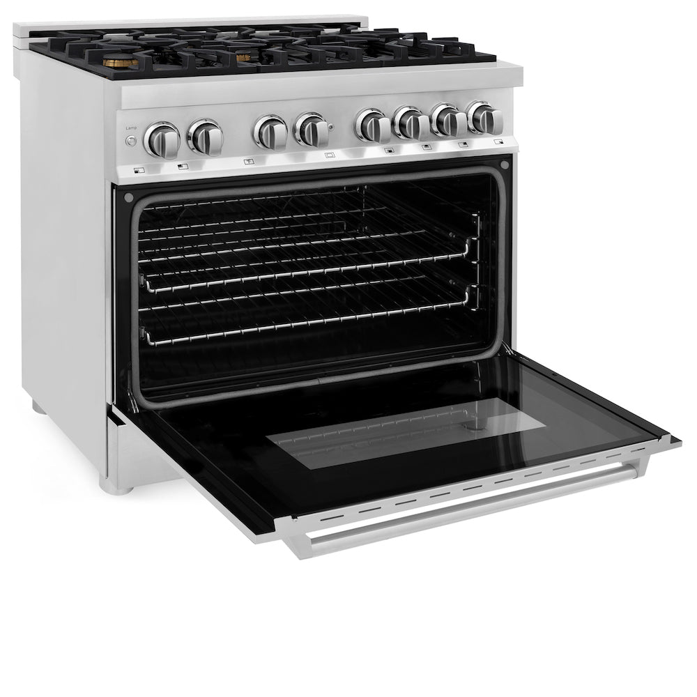 ZLINE 36 in. Dual Fuel Range with Gas Stove and Electric Oven in Stainless Steel with Brass Burners (RA-BR-36) side, oven open.