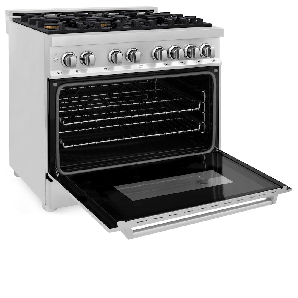 ZLINE 36 in. 4.6 cu. ft. Legacy Dual Fuel Range with Gas Cooktop and Electric Convection Oven in Stainless Steel with 6 Brass Burners (RA-BR-36) side, oven open.