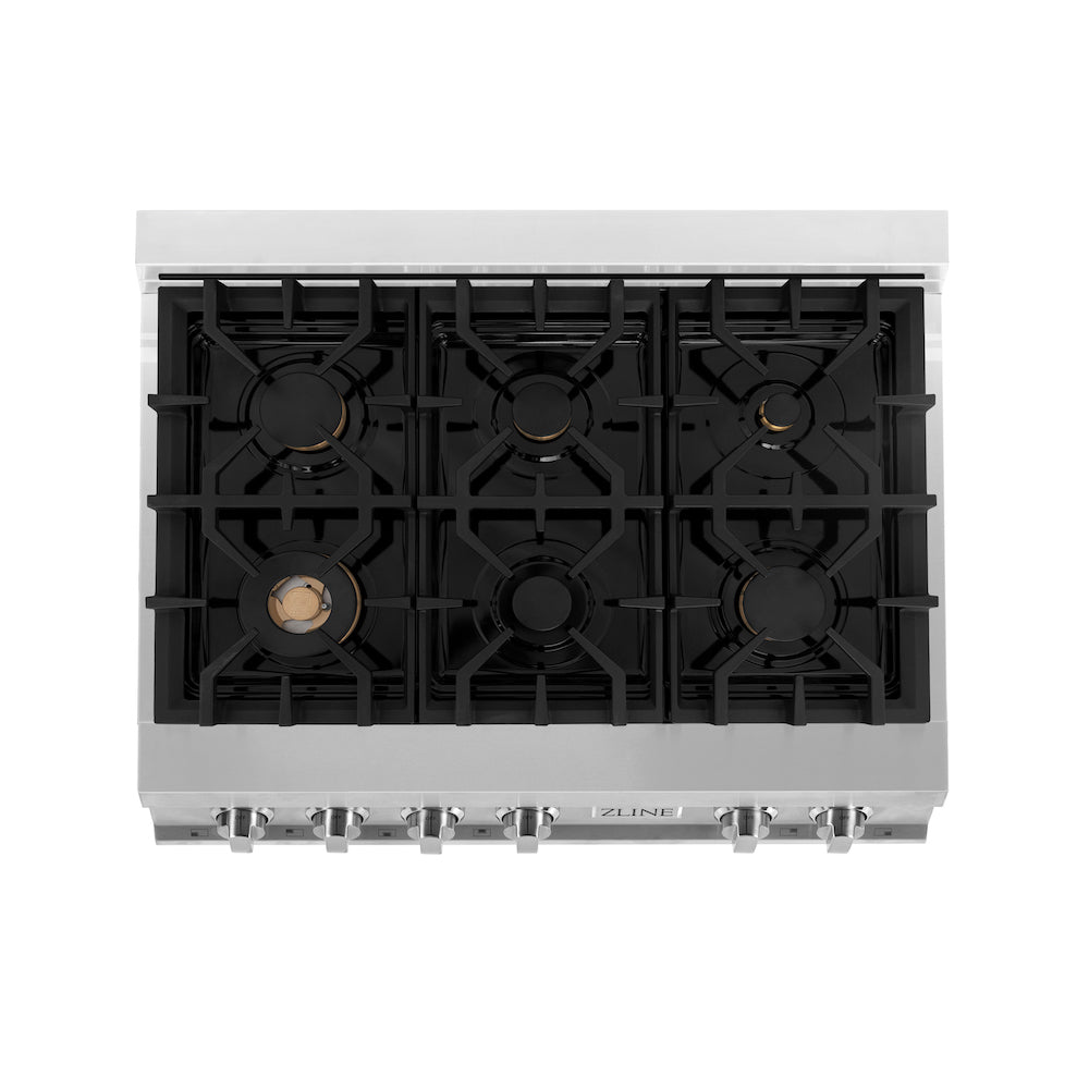 ZLINE 36 in. 4.6 cu. ft. Legacy Dual Fuel Range with Gas Cooktop and Electric Convection Oven in Stainless Steel with 6 Brass Burners (RA-BR-36) top-down, above cooktop.