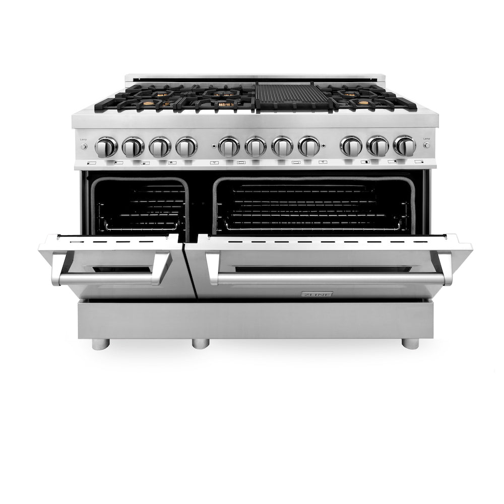 ZLINE 48 in. 6.0 cu. ft. Legacy Dual Fuel Range with Gas Cooktop and 2 Electric Ovens in Stainless Steel with 6 Brass Burners (RA-BR-48) front, oven half open.