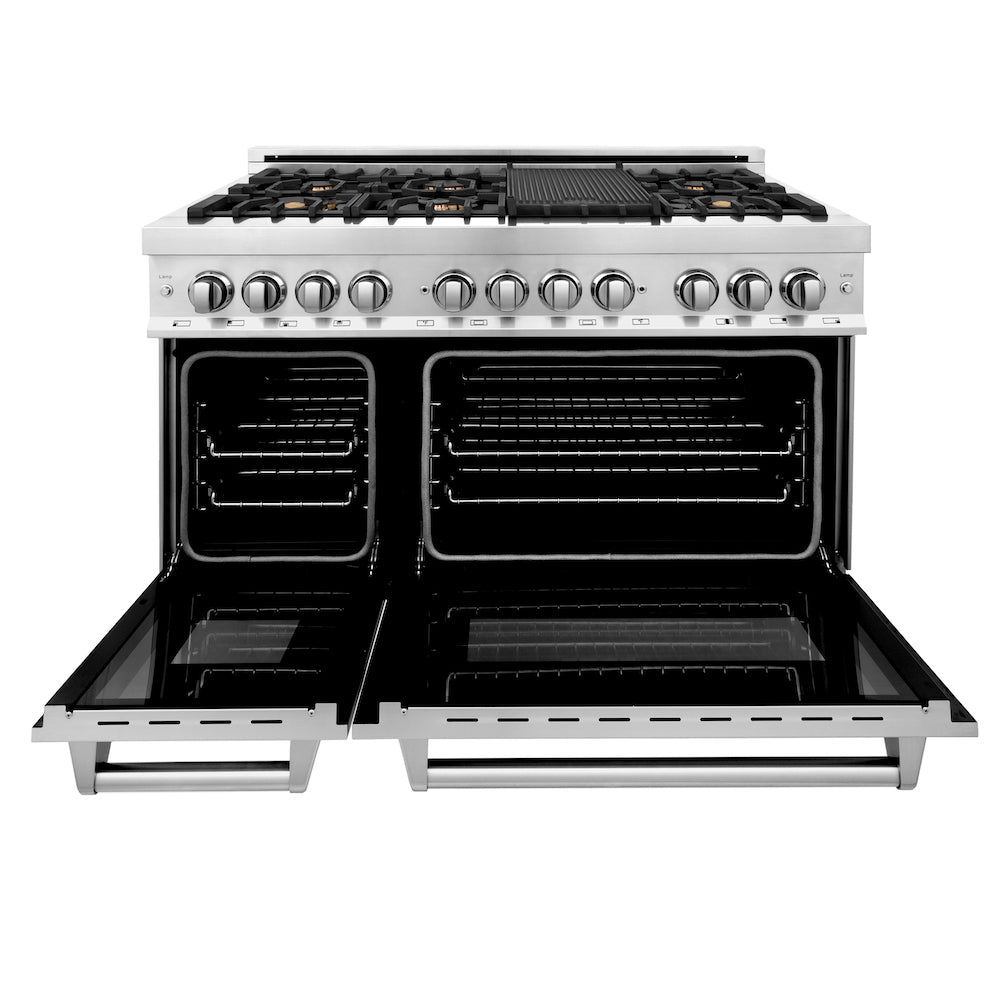 ZLINE 48 in. 6.0 cu. ft. Legacy Dual Fuel Range with Gas Cooktop and 2 Electric Ovens in Stainless Steel with 6 Brass Burners (RA-BR-48) front, oven open.