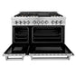 ZLINE 48 in. 6.0 cu. ft. Legacy Dual Fuel Range with Gas Cooktop and 2 Electric Ovens in Stainless Steel with 6 Brass Burners and Griddle (RA-BR-GR-48) front, oven open.