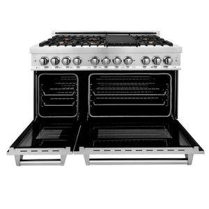 ZLINE 48 in. 6.0 cu. ft. Legacy Dual Fuel Range with Gas Cooktop and 2 Electric Ovens in Stainless Steel with 6 Brass Burners and Griddle (RA-BR-GR-48) front, oven open.