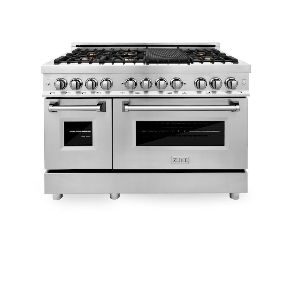 ZLINE 48 in. 6.0 cu. ft. Legacy Dual Fuel Range with Gas Cooktop and 2 Electric Ovens in Stainless Steel with 6 Brass Burners and Griddle (RA-BR-GR-48) front, oven closed.
