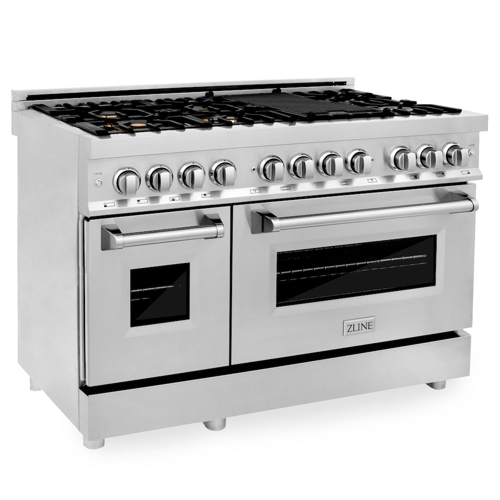 ZLINE 48 in. 6.0 cu. ft. Legacy Dual Fuel Range with Gas Cooktop and 2 Electric Ovens in Stainless Steel with 6 Brass Burners (RA-BR-48) main image.