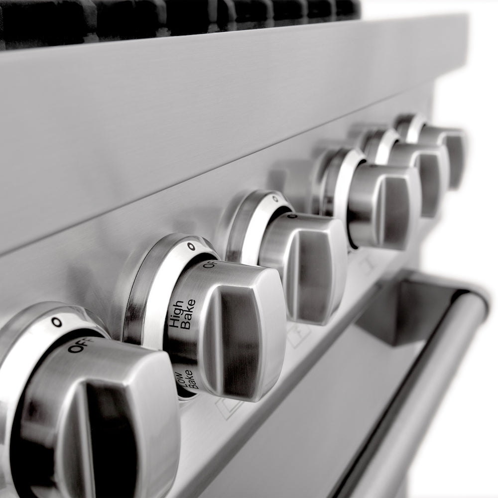Stainless steel cooktop and oven knobs on ZLINE 48-inch Dual Fuel Range.