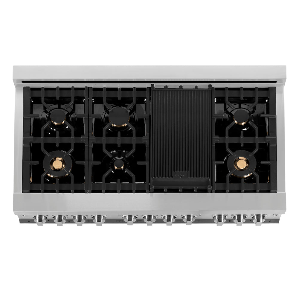 ZLINE 48 in. 6.0 cu. ft. Legacy Dual Fuel Range with Gas Cooktop and 2 Electric Ovens in Stainless Steel with 6 Brass Burners and Griddle (RA-BR-GR-48) top-down, above cooktop.