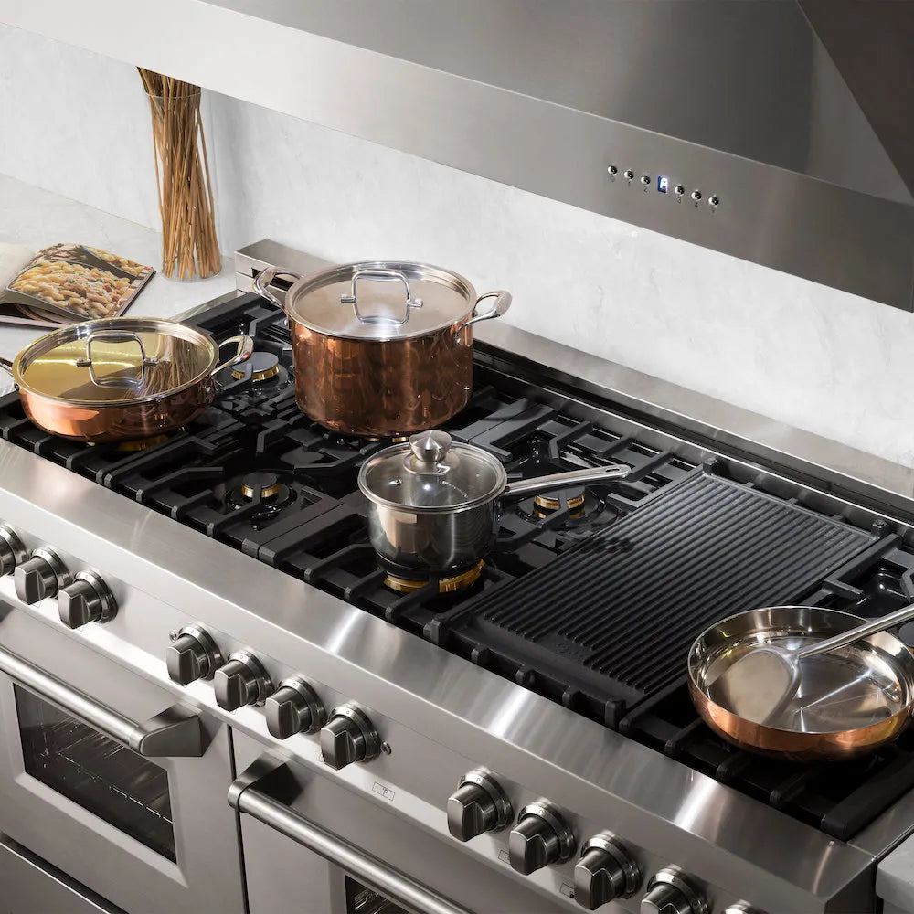 ZLINE 60 in. 7.4 cu. ft. Legacy Dual Fuel Range with Gas Cooktop and 2 Electric Convection Ovens in Stainless Steel with 8 Brass Burners (RA-BR-60) in a luxury kitchen.