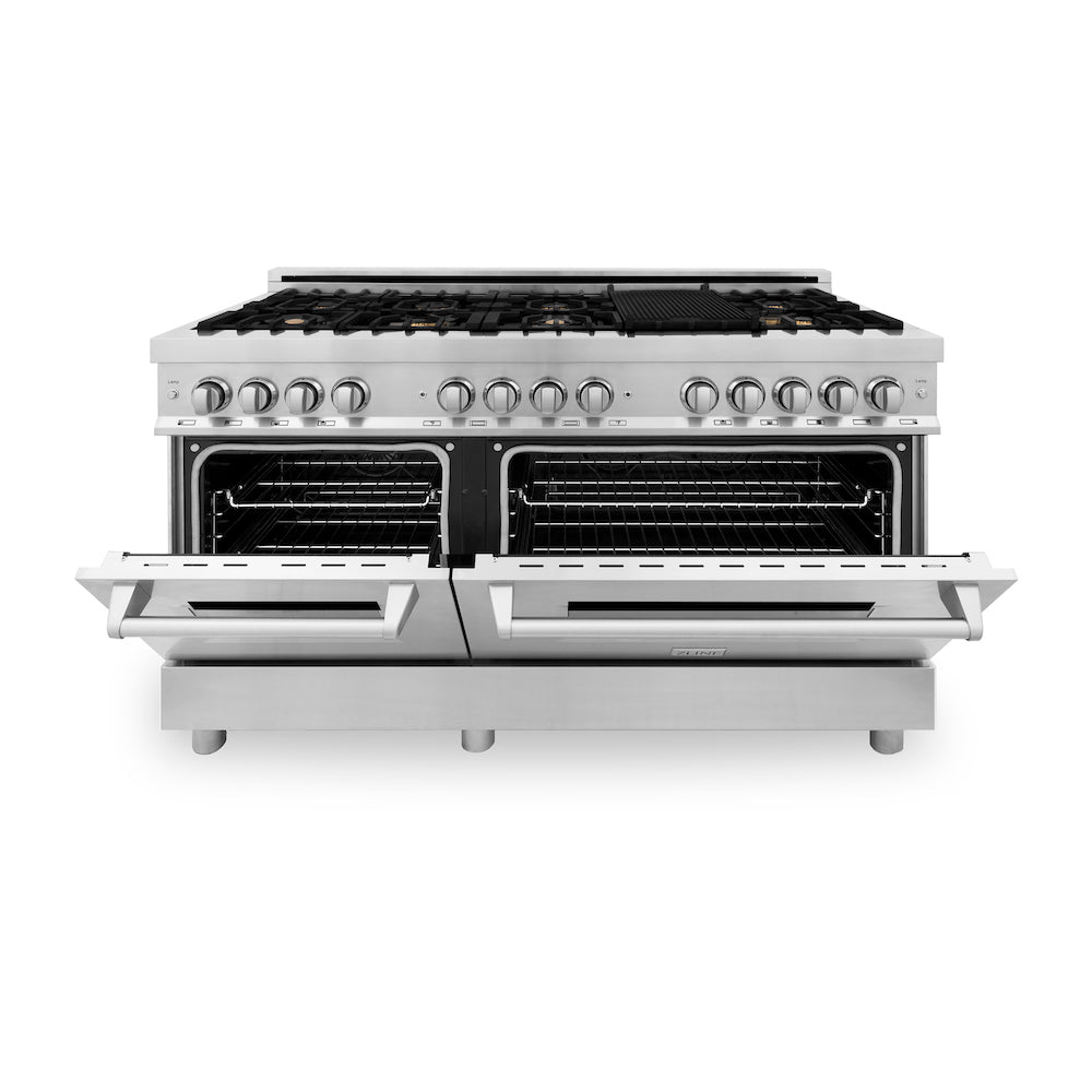 ZLINE 60 in. 7.4 cu. ft. Dual Fuel Range with Gas Stove and Electric Oven in Stainless Steel with Brass Burners (RA-BR-60) front, oven half open.