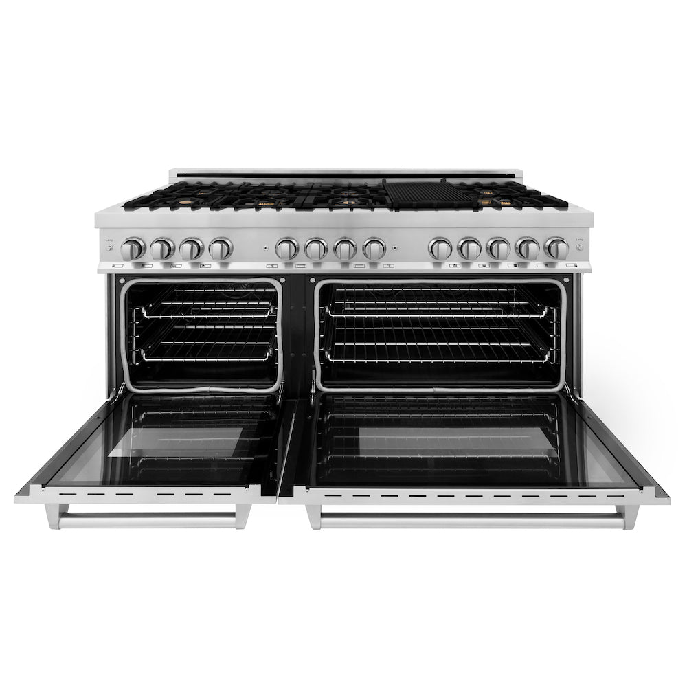 ZLINE 60 in. 7.4 cu. ft. Dual Fuel Range with Gas Stove and Electric Oven in Stainless Steel with Brass Burners (RA-BR-60) front, oven open.