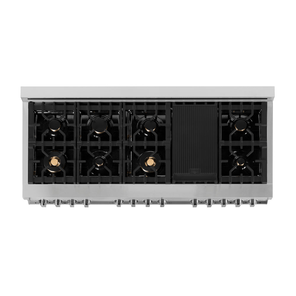 ZLINE 60 in. 7.4 cu. ft. Dual Fuel Range with Gas Stove and Electric Oven in Stainless Steel with Brass Burners (RA-BR-60) from above showing cooktop.