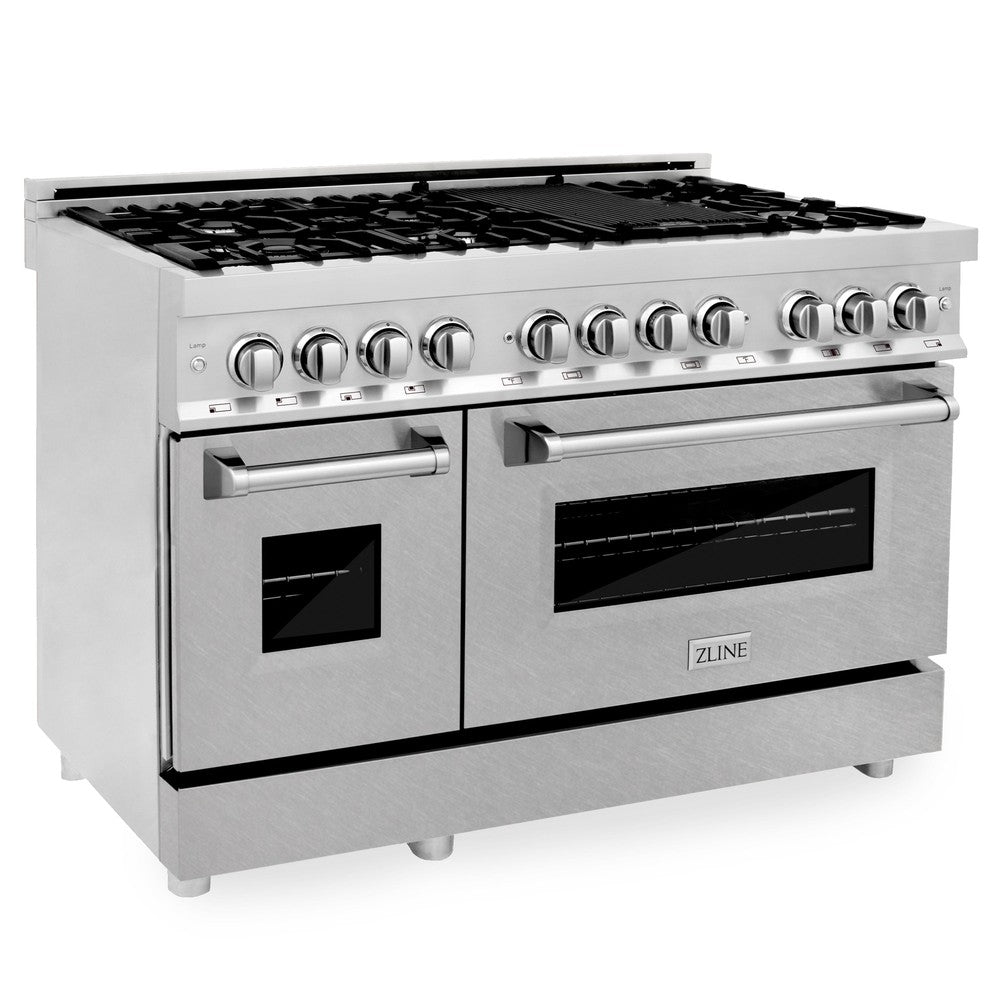 ZLINE 48 in. Kitchen Package with Stainless Steel Dual Fuel Range with DuraSnow® Doors and Convertible Vent Range Hood (2KP-RASNRH48)