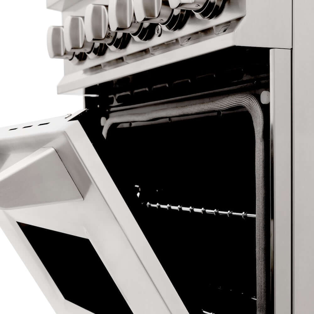 ZLINE 24 in. 2.8 cu. ft. Legacy Dual Fuel Range with 4 Burner Gas Cooktop and Electric Convection Oven in Stainless Steel (RA24) knobs and door open.