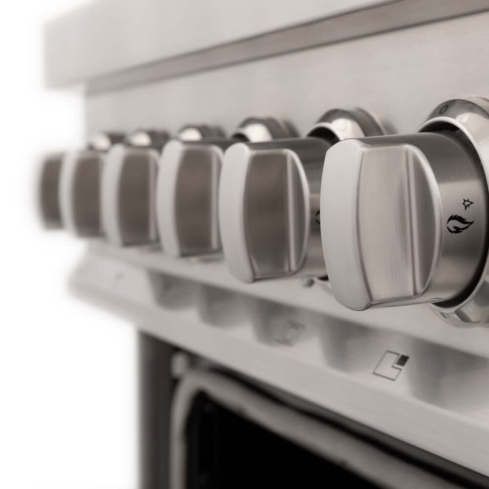 ZLINE 24 in. 2.8 cu. ft. Legacy Dual Fuel Range with 4 Burner Gas Cooktop and Electric Convection Oven in Stainless Steel (RA24) knobs.