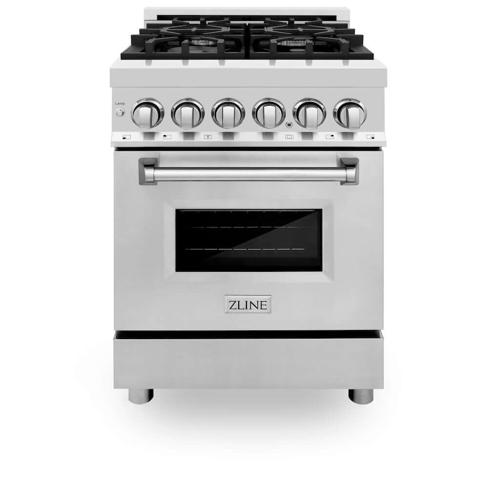 ZLINE 24 in. 2.8 cu. ft. Legacy Dual Fuel Range with 4 Burner Gas Cooktop and Electric Convection Oven in Stainless Steel (RA24) front, oven closed.