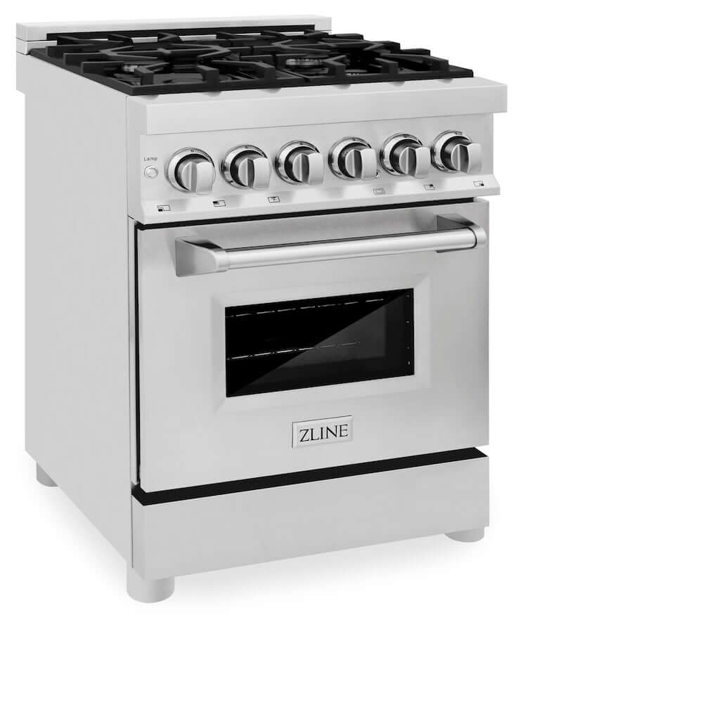 ZLINE 24 in. 2.8 cu. ft. Legacy Dual Fuel Range with 4 Burner Gas Cooktop and Electric Convection Oven in Stainless Steel (RA24) side, oven closed.