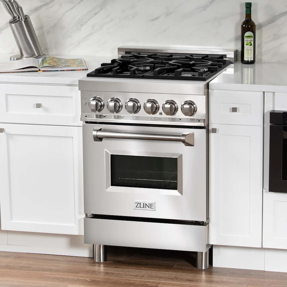 ZLINE 24 in. 2.8 cu. ft. Dual Fuel Range with Gas Stove and Electric Oven in Stainless Steel (RA24) side, oven closed.