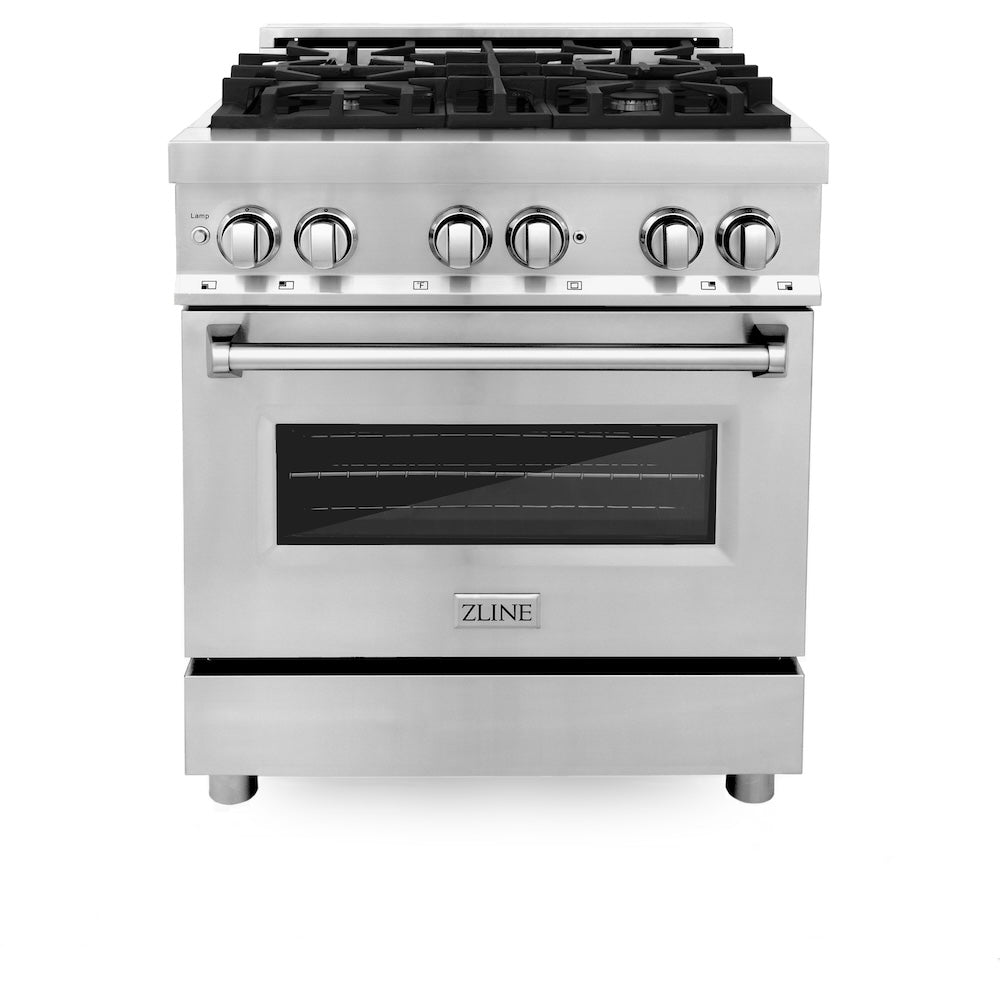 ZLINE Kitchen Package with Refrigeration, 30 in. Stainless Steel Dual Fuel Range, 30 in. Range Hood, Microwave Drawer, and 24 in. Tall Tub Dishwasher (5KPR-RARH30-MWDWV)