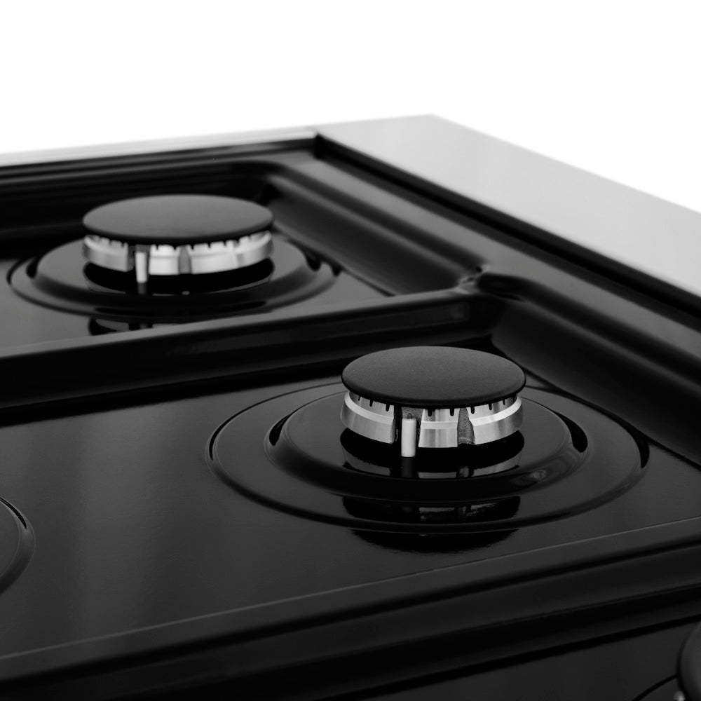 ZLINE 36 in. 4.6 cu. ft. Legacy Dual Fuel Range with 6 Burner Gas Cooktop and Electric Convection Oven in Stainless Steel (RA36) black porcelain cooktop and burners without grates.
