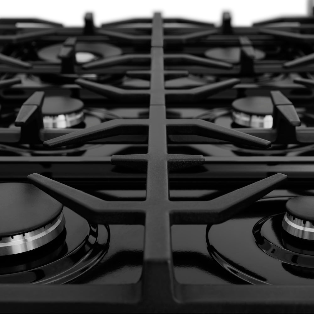 ZLINE 36 in. 4.6 cu. ft. Legacy Dual Fuel Range with 6 Burner Gas Cooktop and Electric Convection Oven in Stainless Steel (RA36) cast-iron grates and burners from side.