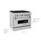 ZLINE 36 in. 4.6 cu. ft. Legacy Dual Fuel Range with 6 Burner Gas Cooktop and Electric Convection Oven in Stainless Steel (RA36) with dimensions labeled on a white background