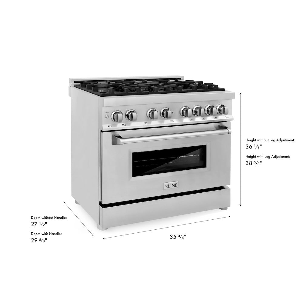 ZLINE 36 in. 4.6 cu. ft. Legacy Dual Fuel Range with 6 Burner Gas Cooktop and Electric Convection Oven in Stainless Steel (RA36) with dimensions labeled on a white background