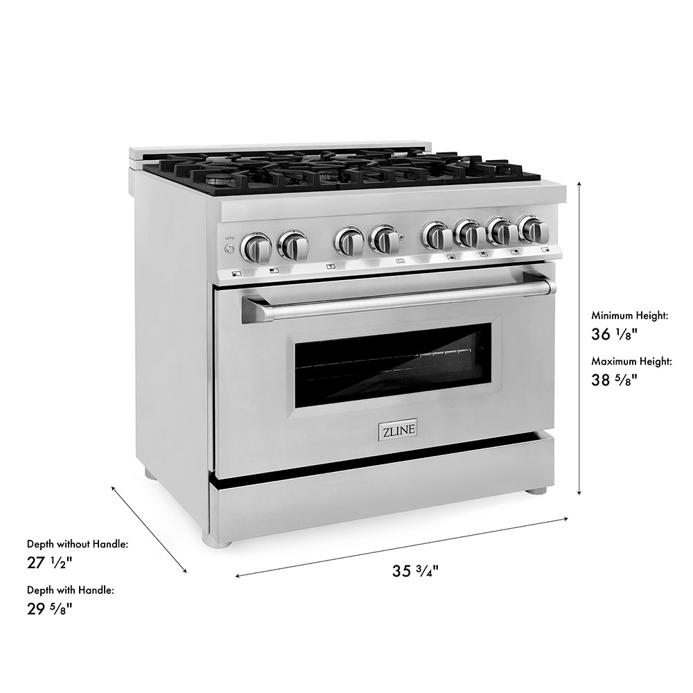 ZLINE 36 in. 4.6 cu. ft. Legacy Dual Fuel Range with 6 Burner Gas Cooktop and Electric Convection Oven in Stainless Steel (RA36) dimensional diagram.