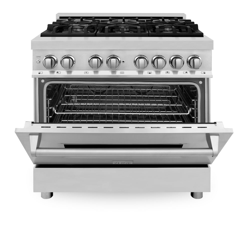 ZLINE 36 in. 4.6 cu. ft. Legacy Dual Fuel Range with 6 Burner Gas Cooktop and Electric Convection Oven in Stainless Steel (RA36) front, oven half open.