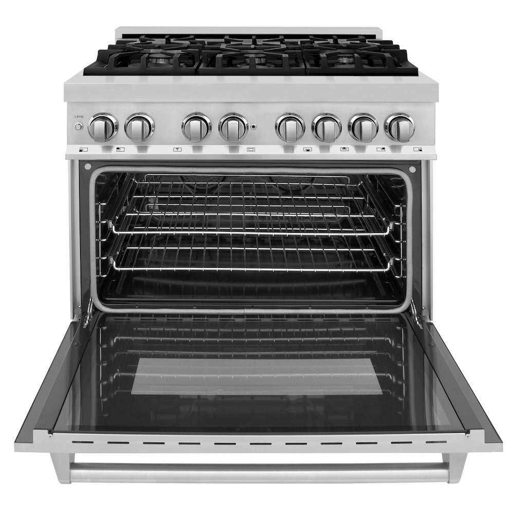 ZLINE 36 in. 4.6 cu. ft. Legacy Dual Fuel Range with 6 Burner Gas Cooktop and Electric Convection Oven in Stainless Steel (RA36) front, oven open.