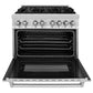 ZLINE 36 in. 4.6 cu. ft. Legacy Dual Fuel Range with 6 Burner Gas Cooktop and Electric Convection Oven in Stainless Steel (RA36) front, oven open.