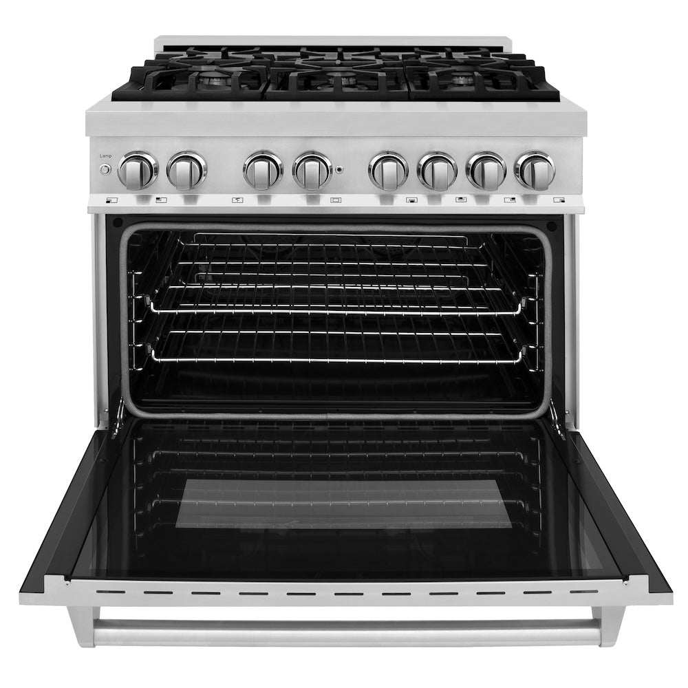 ZLINE 36 in. 4.6 cu. ft. Legacy Dual Fuel Range with 6 Burner Gas Cooktop and Electric Convection Oven in Stainless Steel (RA36) front, oven open.