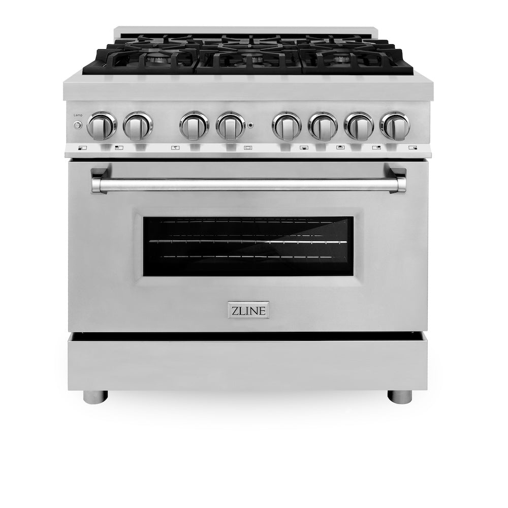 ZLINE 36 in. 4.6 cu. ft. Legacy Dual Fuel Range with 6 Burner Gas Cooktop and Electric Convection Oven in Stainless Steel (RA36) front, oven closed.