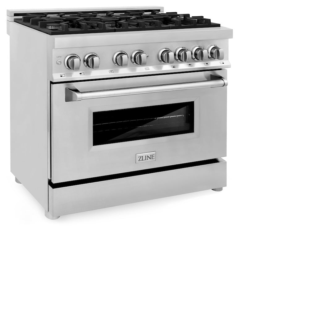 ZLINE 36 in. 4.6 cu. ft. Legacy Dual Fuel Range with 6 Burner Gas Cooktop and Electric Convection Oven in Stainless Steel (RA36) side, oven closed.