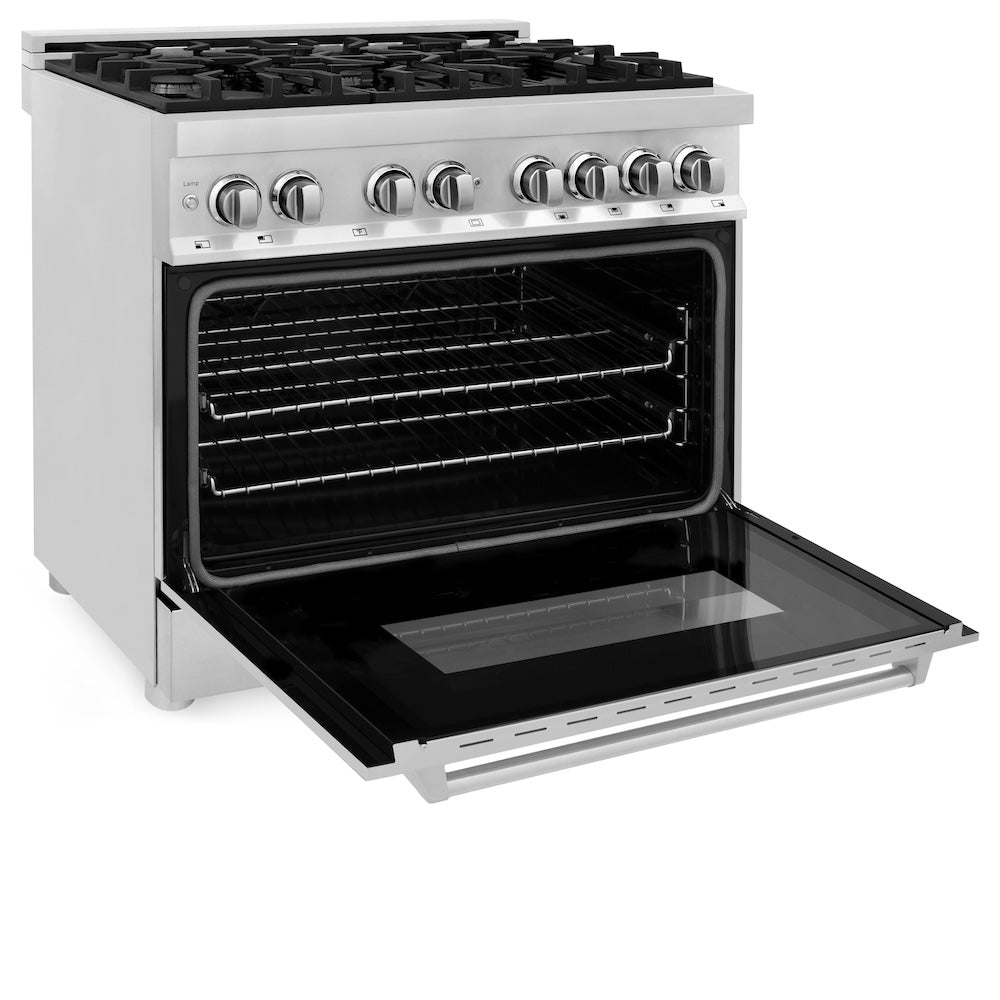 ZLINE 36 in. 4.6 cu. ft. Legacy Dual Fuel Range with 6 Burner Gas Cooktop and Electric Convection Oven in Stainless Steel (RA36) side, oven open.