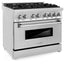 ZLINE 36 in. 4.6 cu. ft. Legacy Dual Fuel Range with 6 Burner Gas Cooktop and Electric Convection Oven in Stainless Steel (RA36) side, oven closed.