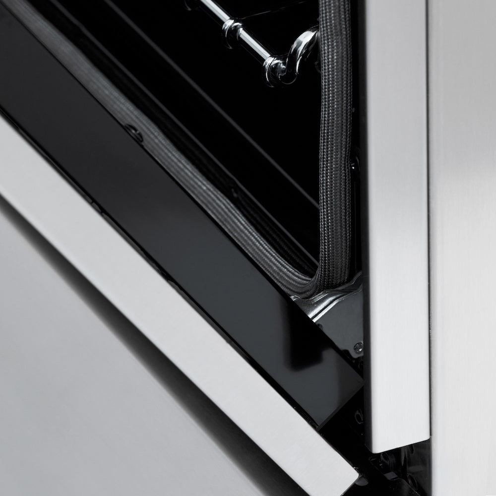ZLINE 48 in. Professional Dual Fuel Range in Stainless Steel (RA48) StayPut Oven Door Hinges close-up.