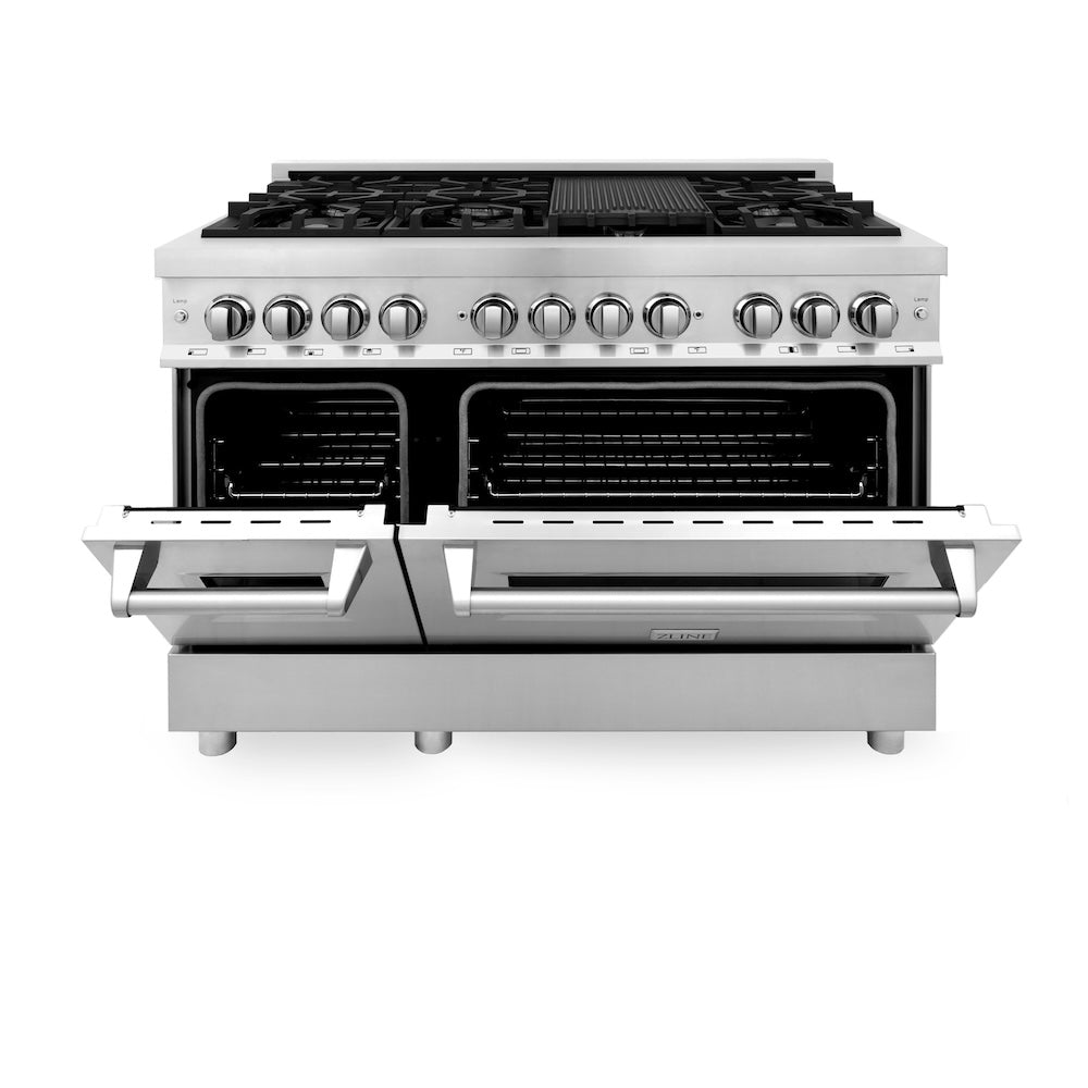 ZLINE 48 in. 6.0 cu. ft. Legacy Dual Fuel Range with 7 Burner Gas Cooktop and 2 Electric Ovens in Stainless Steel (RA48) front, oven half open.