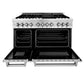 ZLINE 48 in. 6.0 cu. ft. Legacy Dual Fuel Range with 7 Burner Gas Cooktop and 2 Electric Ovens in Stainless Steel in Griddle (RA-GR-48) front, oven open.